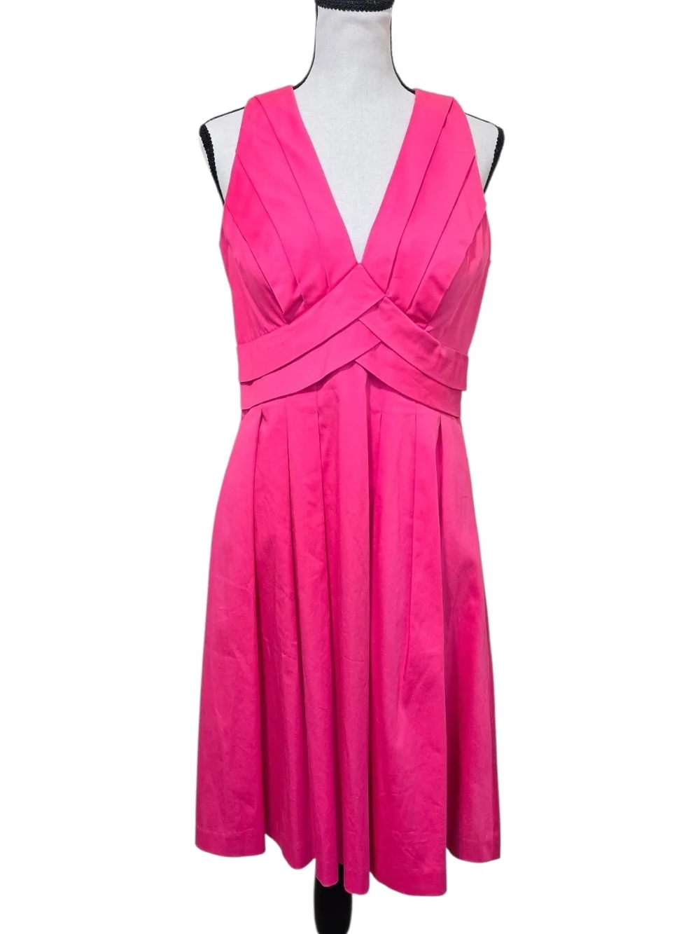 Calvin Klein Hot Pink Fit & Flare Dress 6 Pleated V-Neck Event Cocktail Party